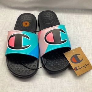 CHAMPION SUPER SLIDE STRIPE WOMEN’S SLIDE SANDALS COLOR: PEACH/TEAL/BLUE NWT